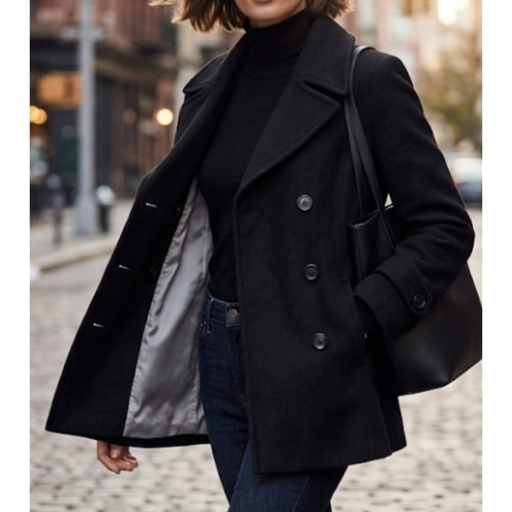 Calvin Klein Women's Black Wool Blend Pea Coat Double Breasted Size 12